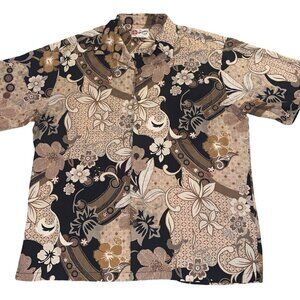 Vtg Hilo Hattie Brown Beige Hawaiian Aloha Flowers Surf Luau Mens Shirt XL